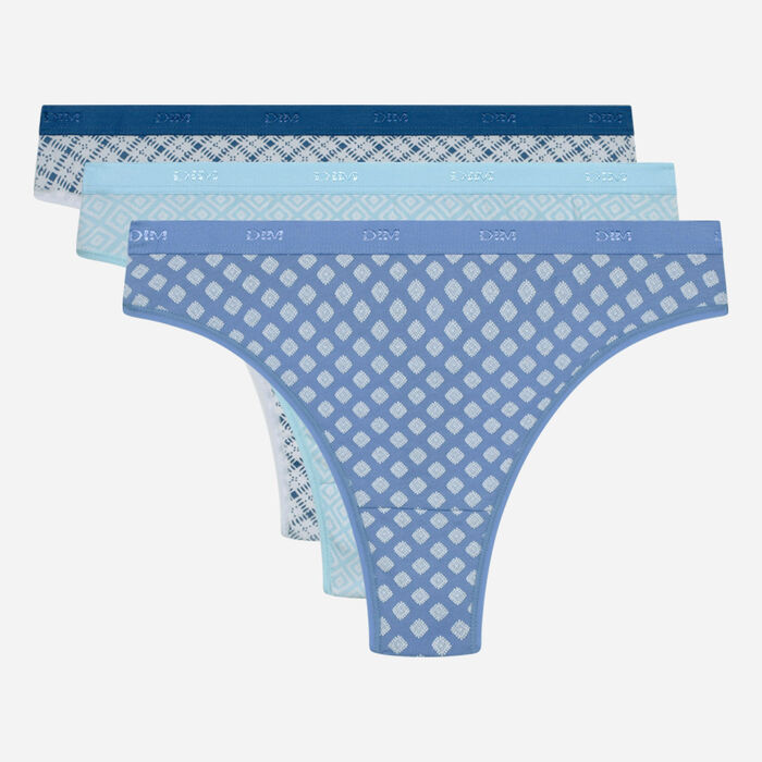 Pack of 3 blue stretch cotton thongs with geometric patterns Les Pockets, , DIM