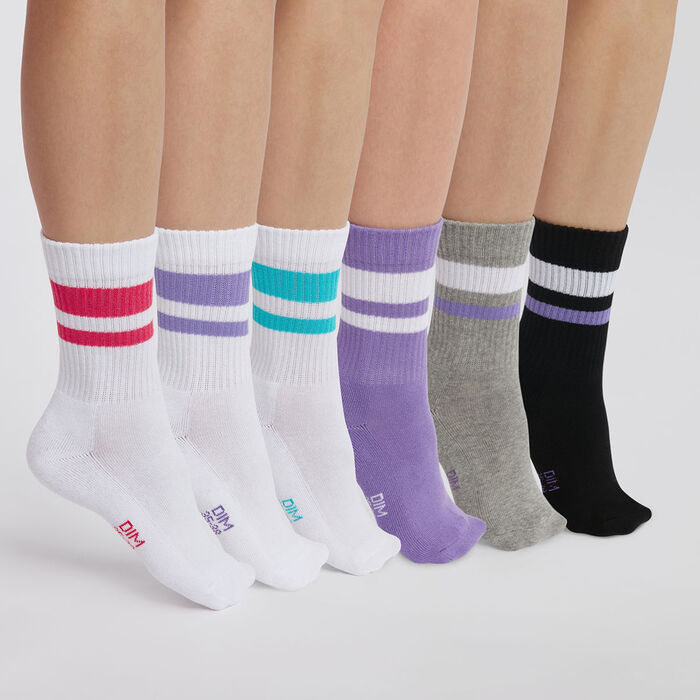 White Purple EcoDim Sport Pack of 6 pairs of women's cotton socks, , DIM