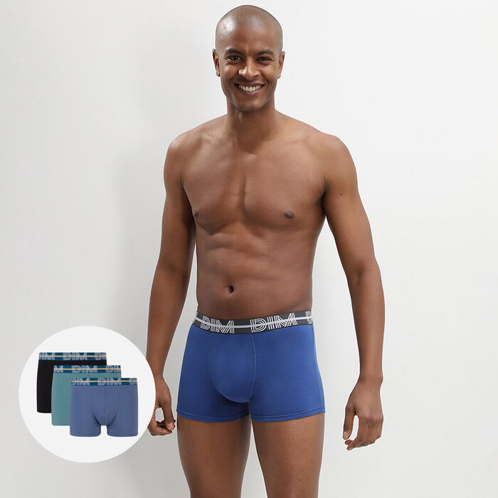 Dim Powerful 3 pack stretch cotton trunks in blue and black with contrast waistband, , DIM