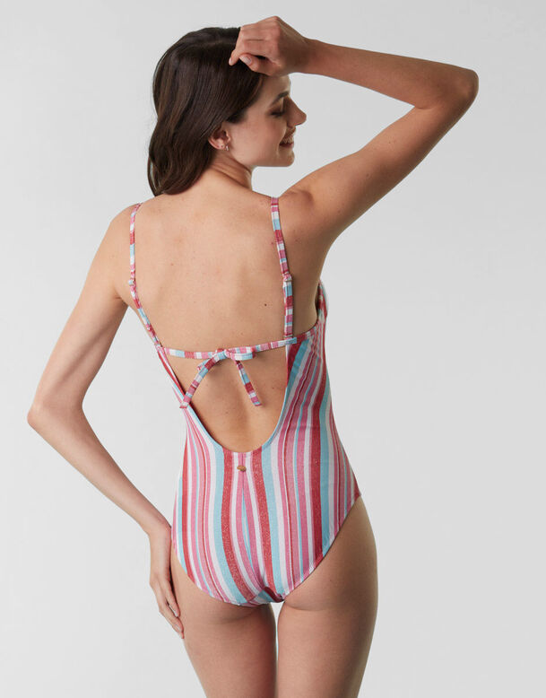 One-piece swimming costume in Lurex and microfibre in multicoloured stripe print, , DIM