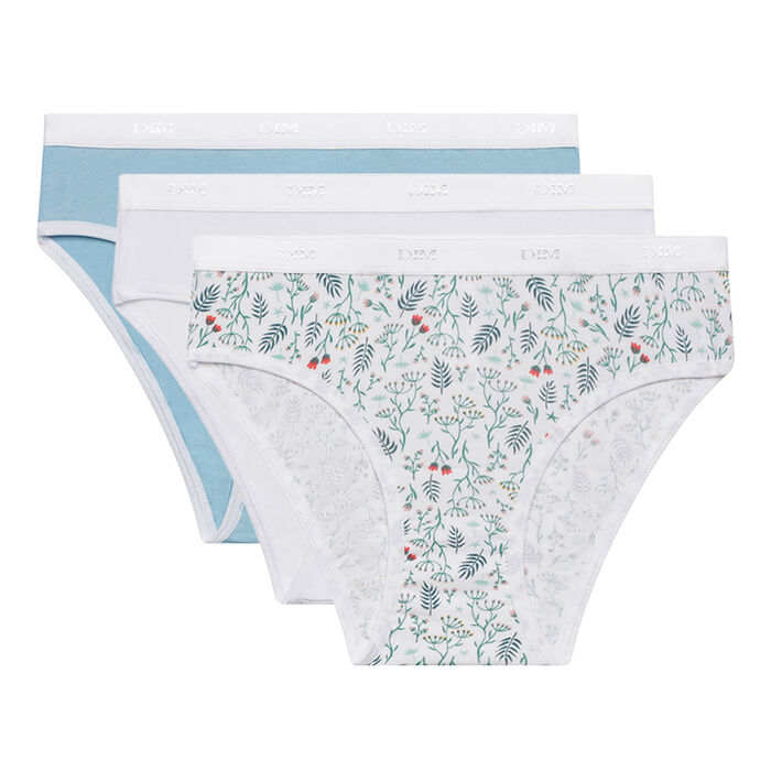 Pack of 3 girls' White Les Pockets stretch cotton knickers with liberty pattern, , DIM