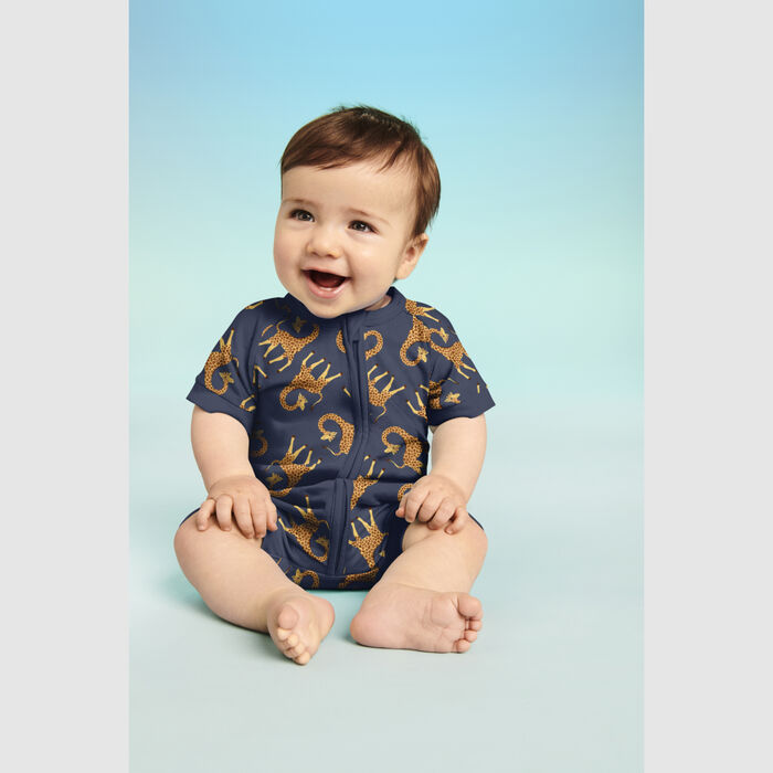 Barboteuse bébé zippée en coton stretch motif girafe Bleu Dim ZIPPY ®, , DIM