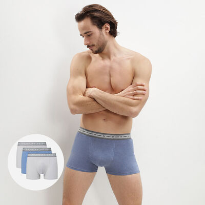 Green by Dim pack of 3 men's organic stretch cotton trunks in steel grey and midnight blue, , DIM