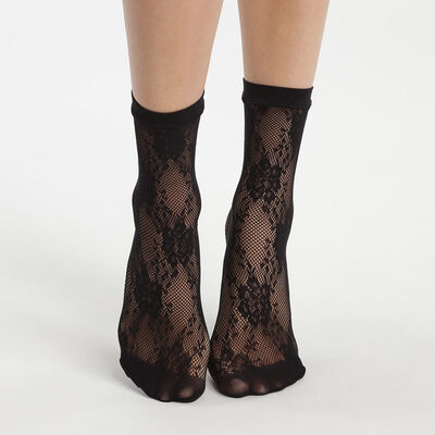 Women's Black Dim Style sheer fishnet and lace ankle socks, , DIM