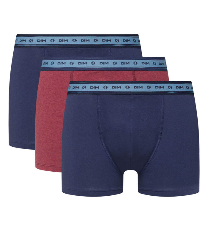 Green by Dim pack of 3 men's organic stretch cotton trunks in wine red and denim blue, , DIM