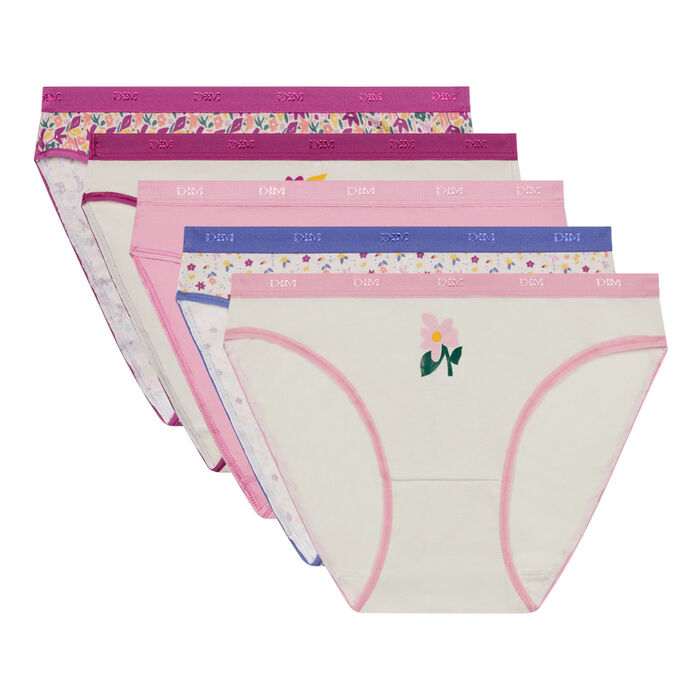 Les Pockets Pack of 5 Fuchsia floral pattern stretch cotton briefs, , DIM