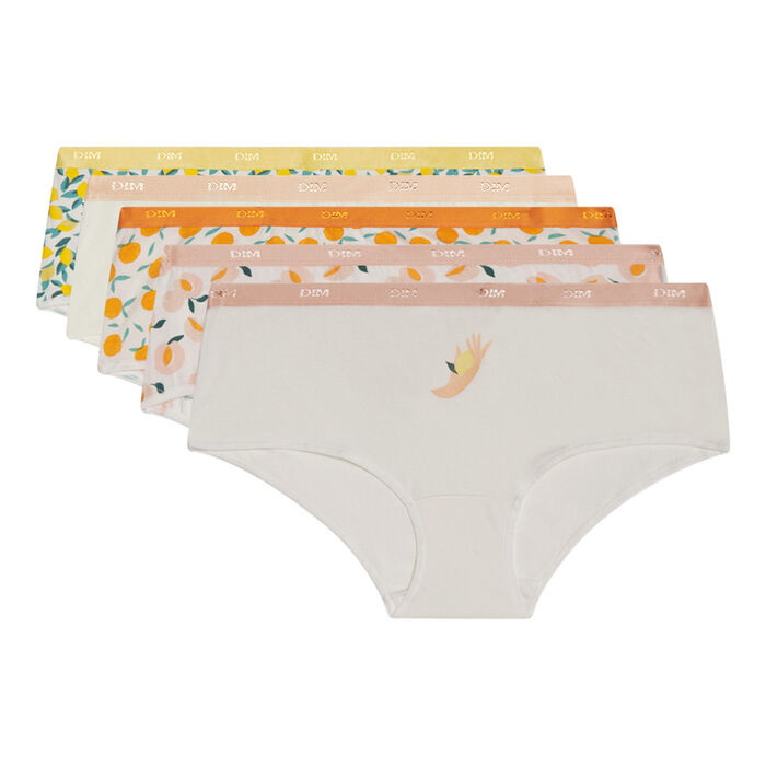 Les Pockets Pack of 5 ivory women's stretch cotton boxers with fruit patterns, , DIM