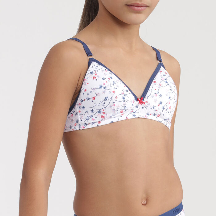 Les Pockets blue cotton non-wired sakura pattern bra for girls, , DIM