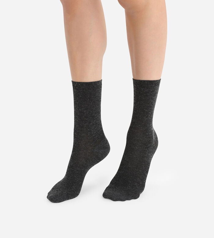Plain charcoal socks in soft wool for women, , DIM