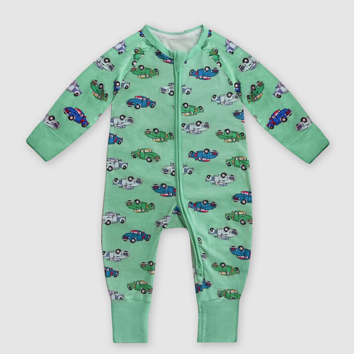 Dim Baby Zip-up baby pyjamas in green cotton stretch cotton with truck print, , DIM