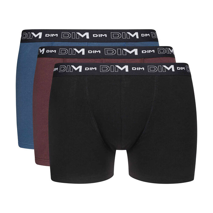 Pack of 3 men's Black Fawn Brown Cotton Stretch boxers with graphics on waistband, , DIM