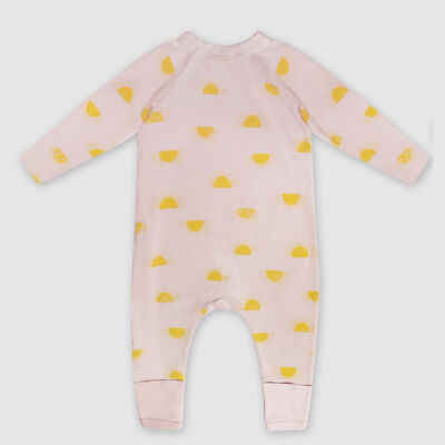 Dim Baby Zip-up baby pyjama in beige organic cotton sun print, , DIM