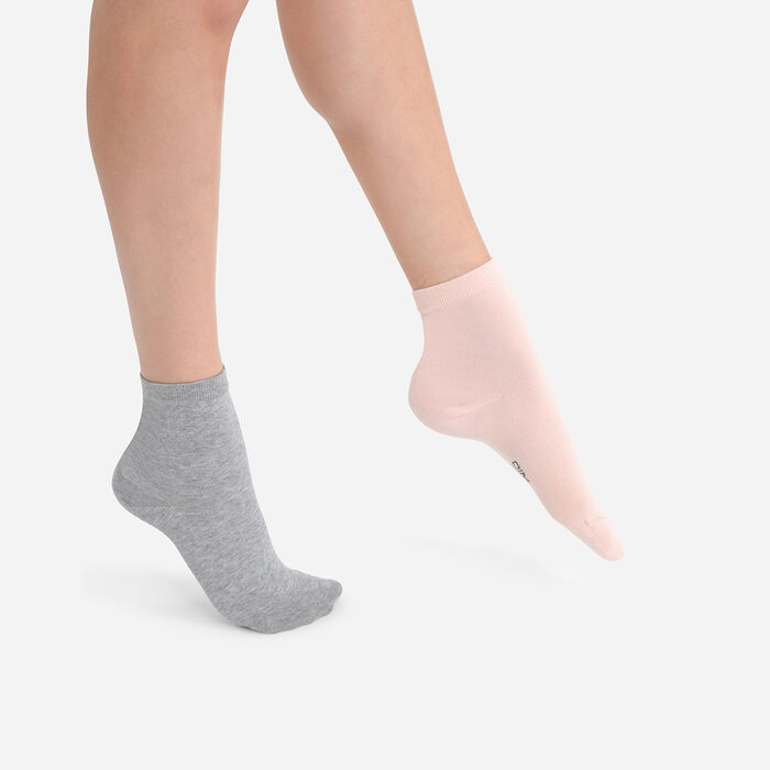 Pack of 2 pairs of women's socks in Pink and Heather Gray Basic Cotton, , DIM