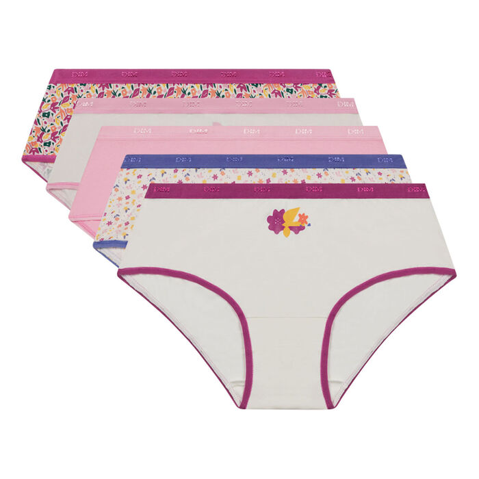Les Pockets Pack of 5 Fuchsia women's stretch cotton boxers with floral patterns, , DIM