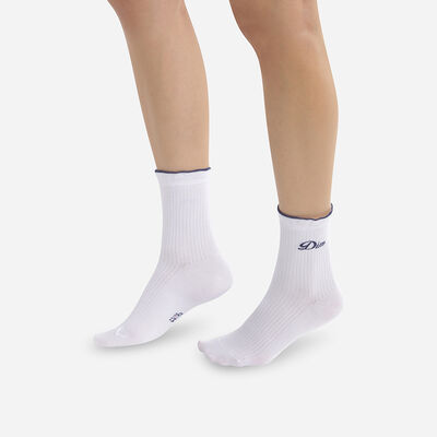 Women's white cotton ankle socks with Madame Dim's embroidered Dim signature, , DIM