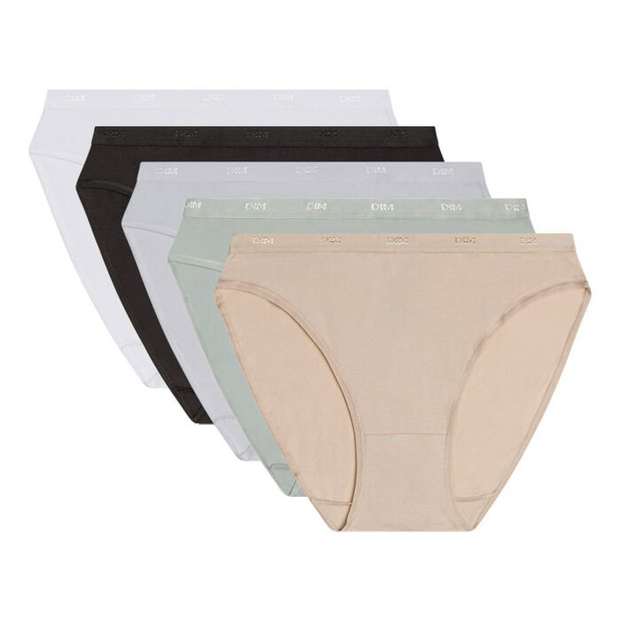 Pack of 5 pairs of Les Pockets Coton bikini knickers in black, white, nude and grey, , DIM