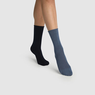 Pack of  2 pairs of women's cotton modal socks Navy Blue Dim, , DIM