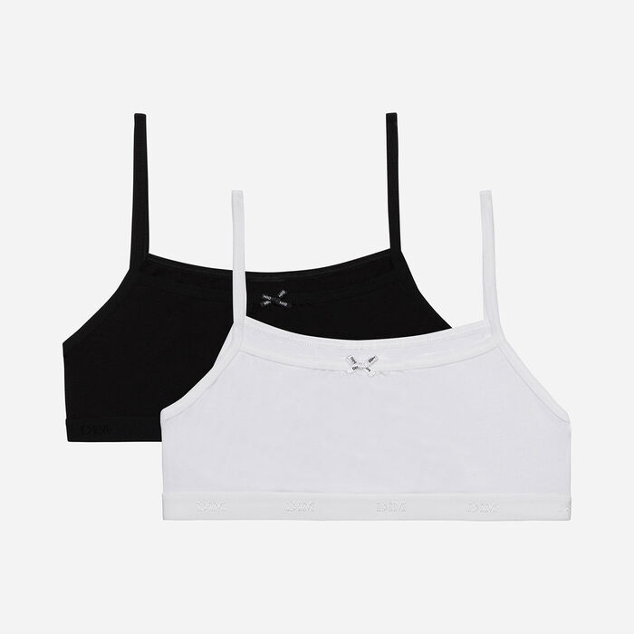 Pack of 2 Girls' Stretch Cotton Bras  in Black White Basic Cotton, , DIM