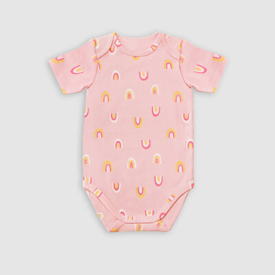Dim Baby Pack of 3 organic  Pink cotton short-sleeved rainbow bodysuit, , DIM