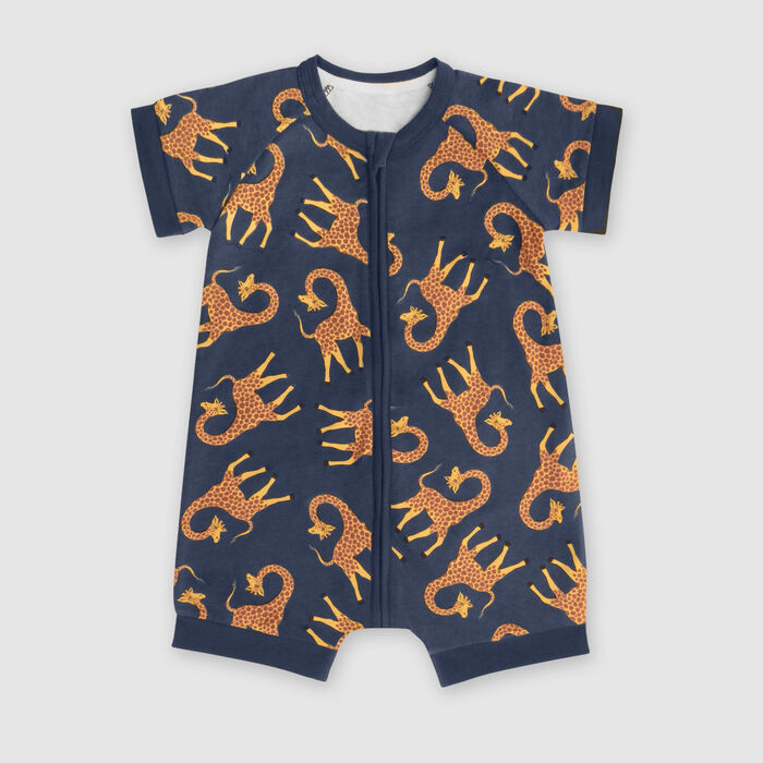 Dim Baby Zip up baby’s romper in blue stretch cotton with giraffe pattern, , DIM