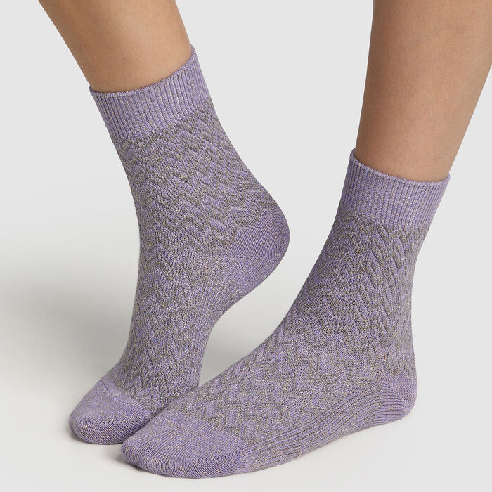 Сиреневые женские носки из хлопка с узором "Ёлочка". Сделано во Франции, , DIM