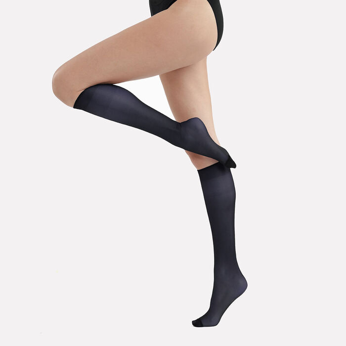 Pack of 2 Sublim Voile Brillant 15 sheer knee highs with a satin sheen in navy, , DIM