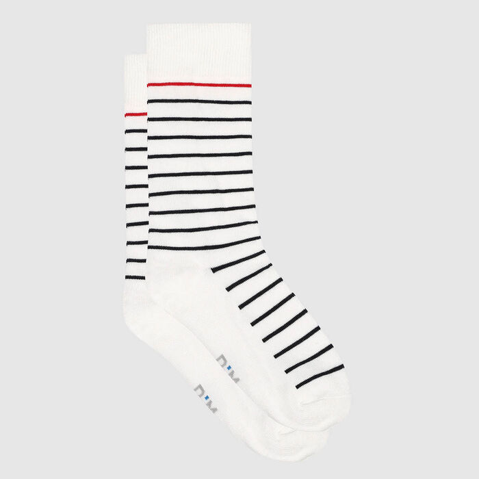 Men's cotton striped print sock Blue White Red Made in France, , DIM
