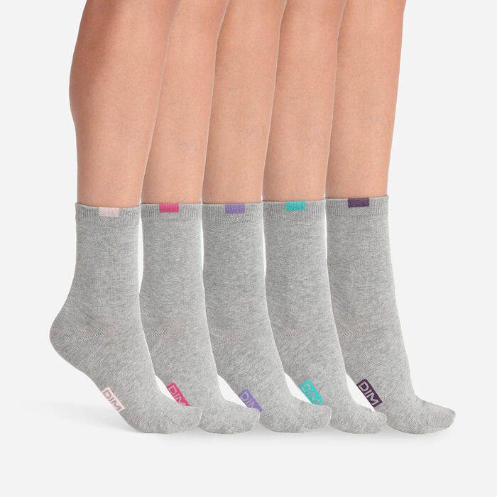 ECODIM Pack of 5 Pairs of Women's Light Grey Cotton Mixed Socks, , DIM