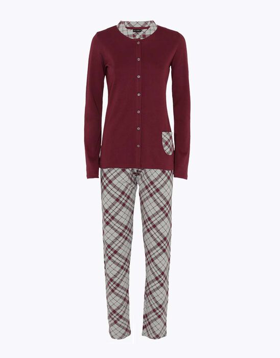Ladies long pyjama set open front in cotton interlock, burgundy, , DIM
