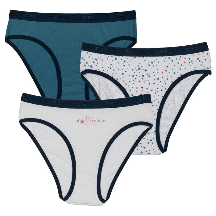 Pack of 3 girls' White Blue Les Pockets stretch cotton knickers with a star pattern, , DIM