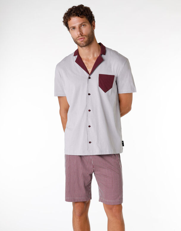 Kurzes Pyjama-Set grau/bordeauxrot mit Kontrastkragen, , DIM