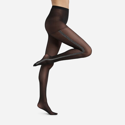 Women's Black Dim Style sheer tights with a glittery silver waistband, , DIM