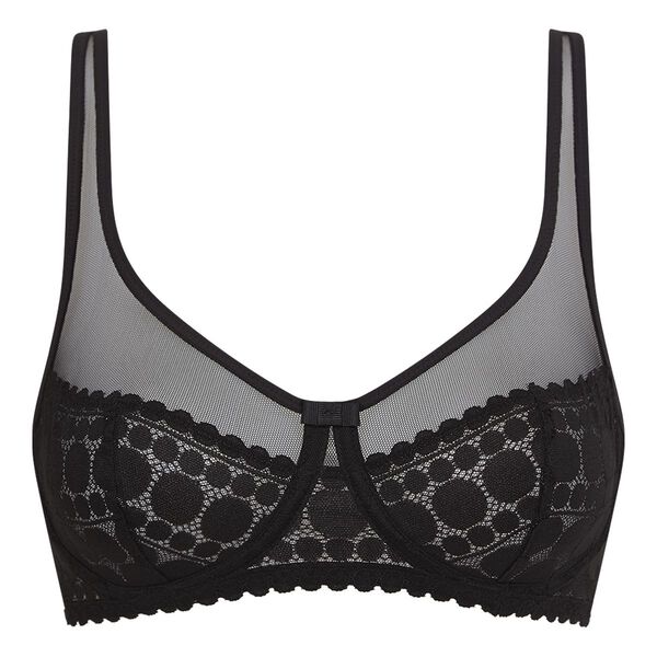 Black Generous women's underwired lace bra with a polka dots design
