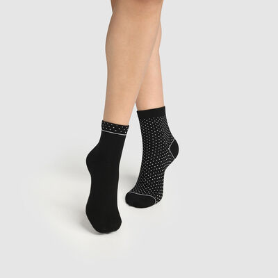 Набор 2 шт.: черные женские носки из натурального хлопка с принтом "Горох" Green by Dim, , DIM