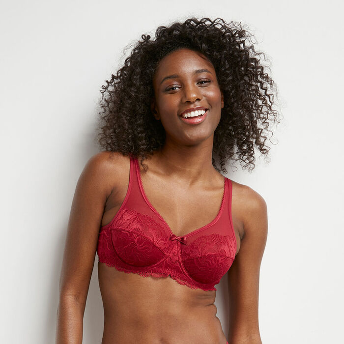 Essentiel Generous Burgundy lace and tulle full cup bra, , DIM