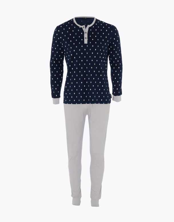 Langes Pyjama-Set marineblau/grau mit Punkten, , DIM