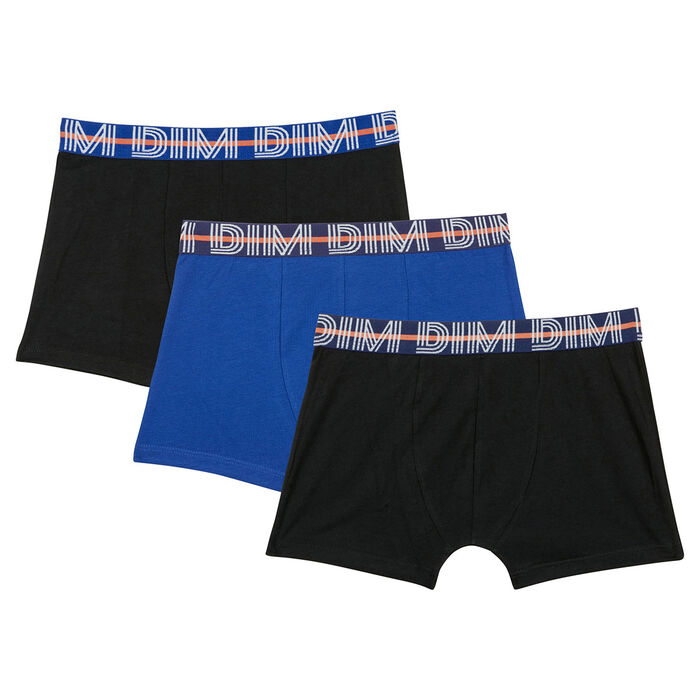 EcoDim Pack of 3 blue boy's stretch cotton boxers with contrasting waistband, , DIM