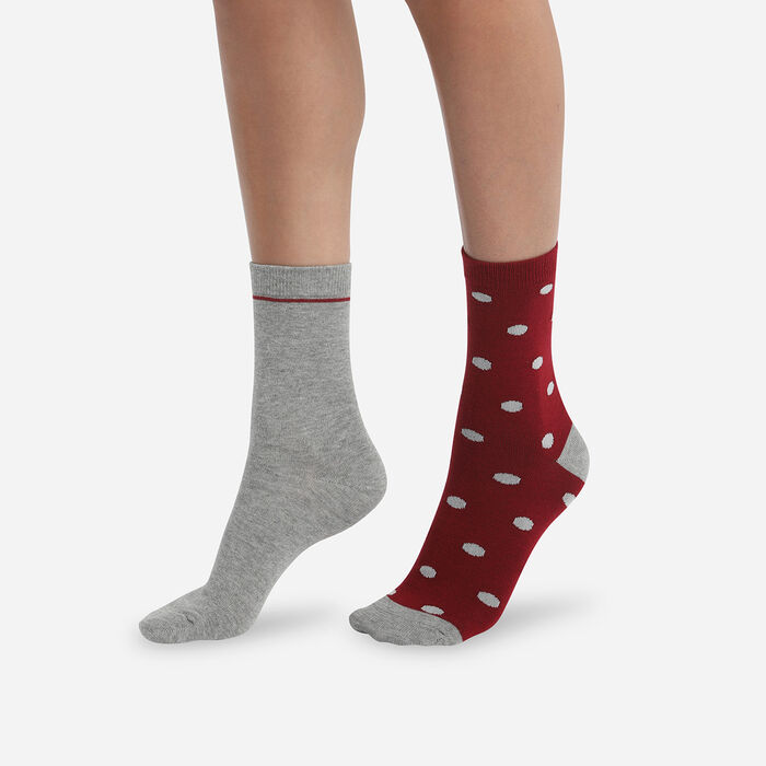 Pack of 2 pairs of burgundy polka-dot cotton socks for women, , DIM