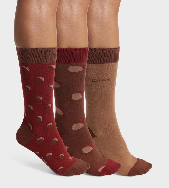 Pack of 3 pairs of men's polka dot socks in Red Mahogany Cotton Style, , DIM