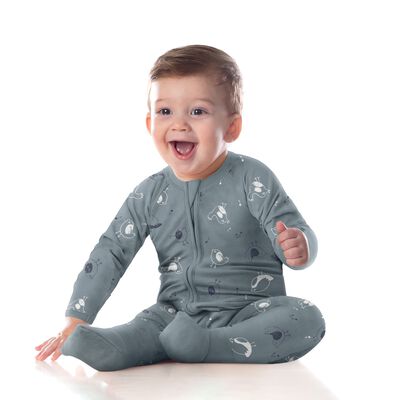 Grauer Baby-Pyjama mit Reißverschluss aus Stretch-Baumwolle mit niedlichen Vögelchen - DIM ZIPPY®., , DIM