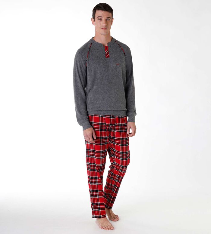 Men's long pyjamas in cotton interlock and flannel, grey and red, , DIM