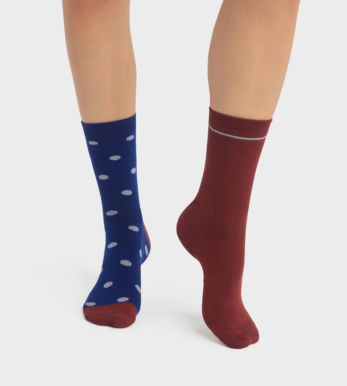 Pack of 2 pairs of women's polka dot socks in Blue, Red Dim Cotton Style, , DIM