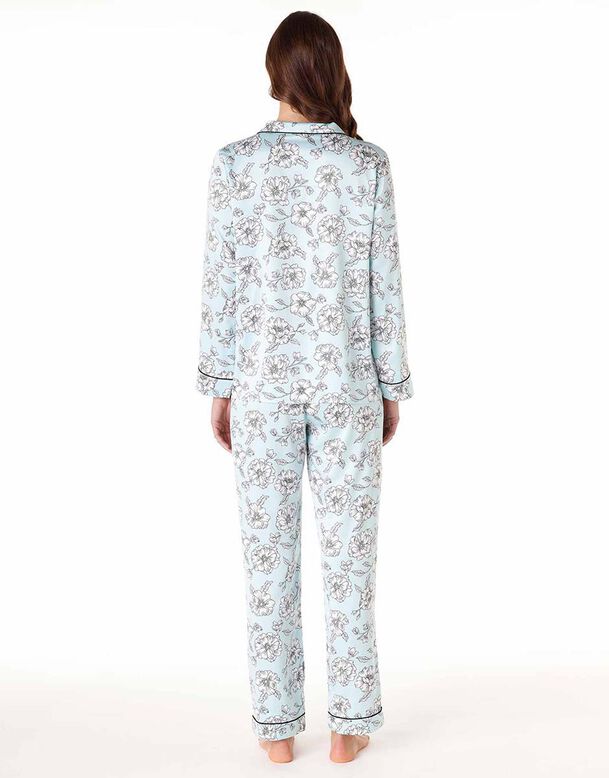 Aquamarinblaues Pyjama-Set aus Satin mit Blumen-Print, , DIM