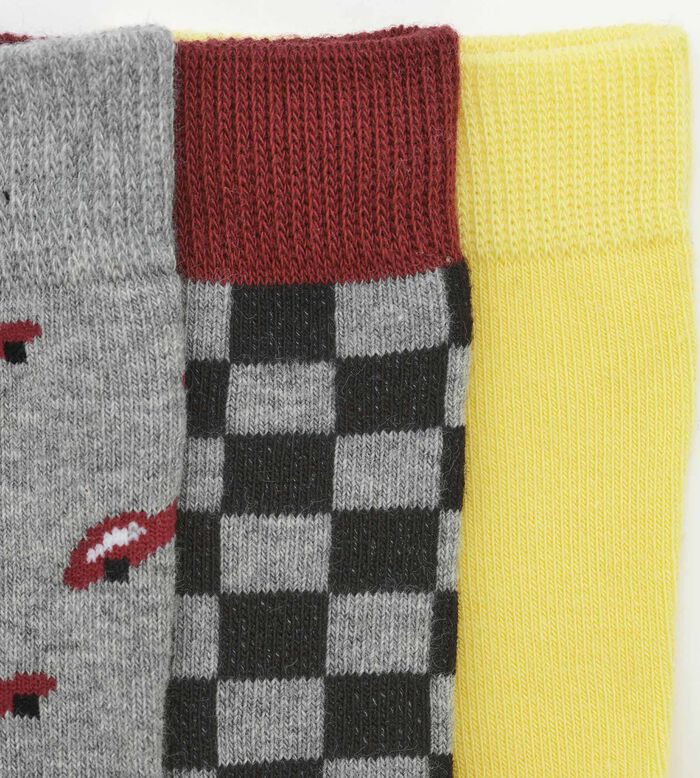 Pack of 3 pairs of checkered children's socks in Gray Yellow Cotton Style, , DIM