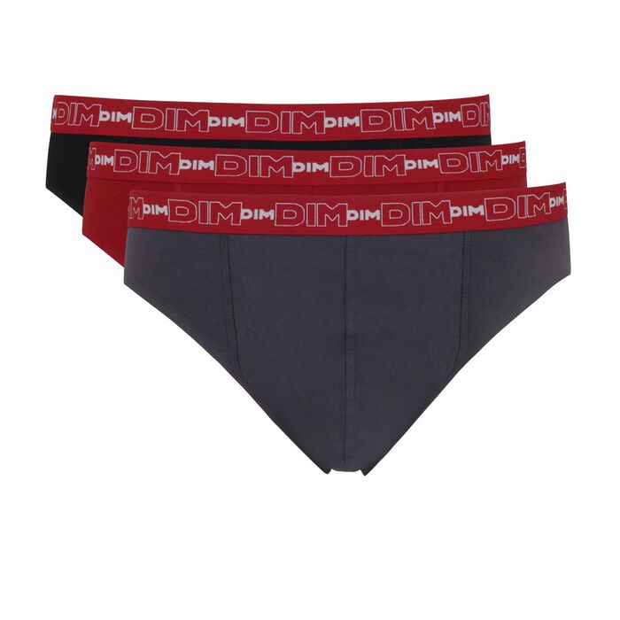 Pack of 3 pairs of Coton Stretch grey, chilli red and black briefs, , DIM