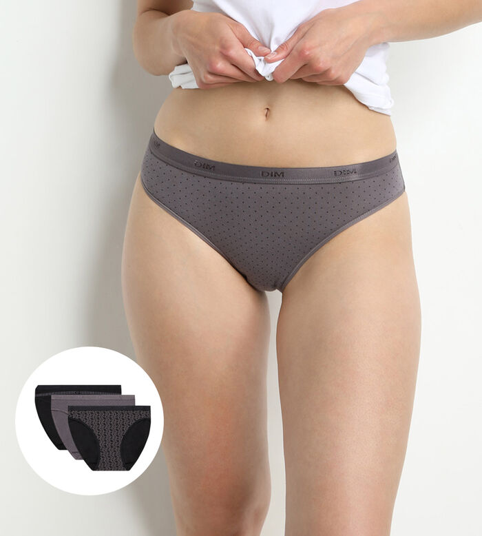 Pack of 3 pairs of Les Pockets Coton bikini knickers in black, , DIM