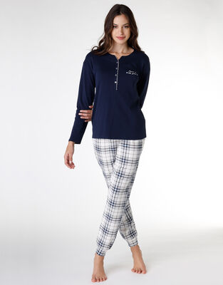 Ladies long pyjama set with grandad collar in 100% cotton interlock, blue, , DIM