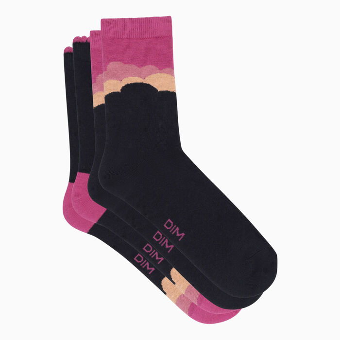 Pack of 2 pairs of women's socks Magenta Clouds Dim Coton Style, , DIM
