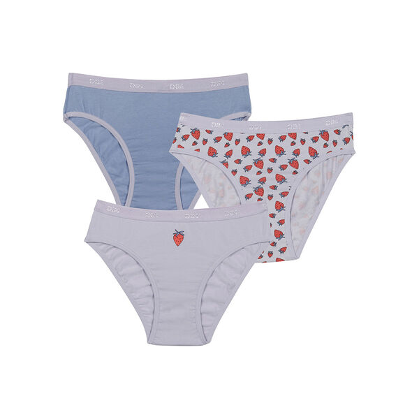 Les Pockets Pack of 3 Lilac girl's knickers in stretch cotton with  strawberry pattern