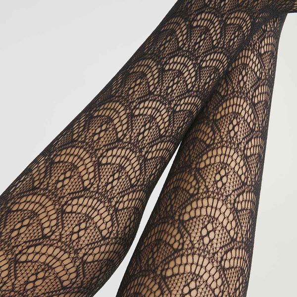 Black openwork crochet women's tights with Dim Style Art Deco pattern